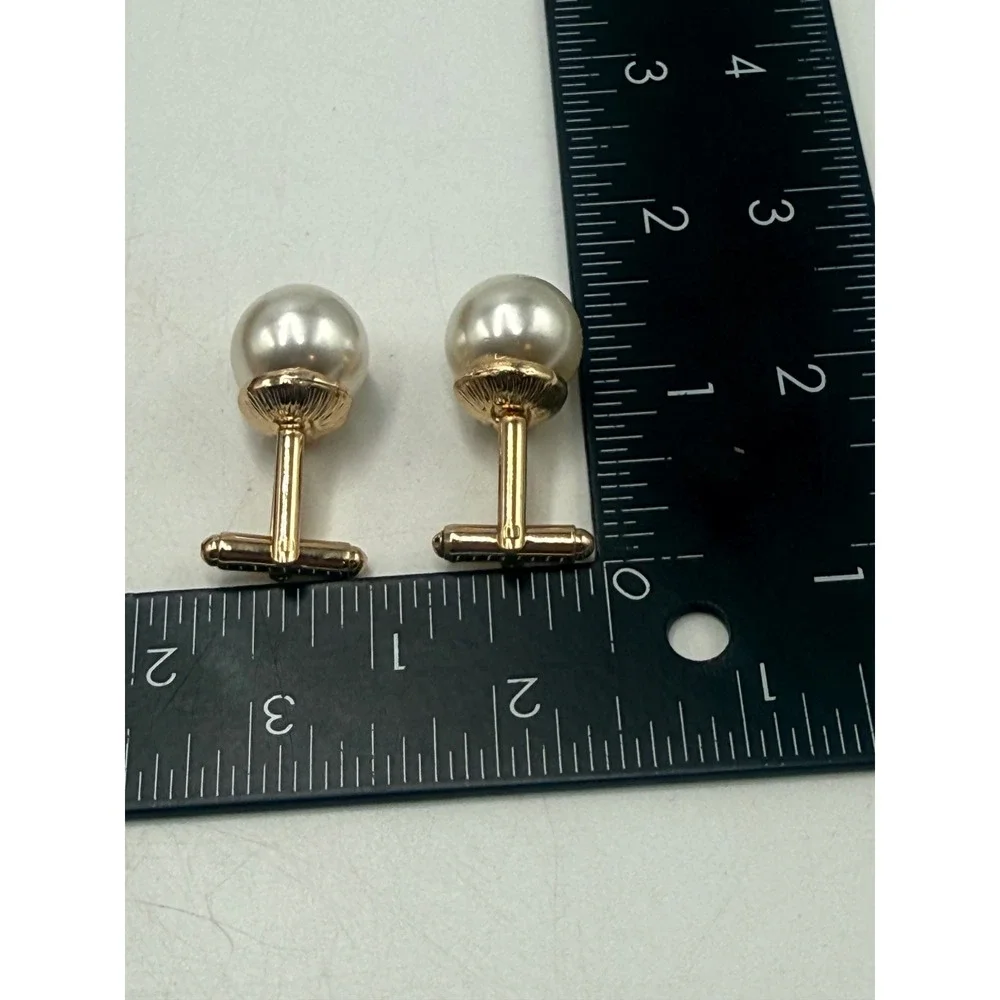 Vintage Faux Pearl Gold Tone Scalloped Cup Bullet Back Cufflinks Formal Wedding